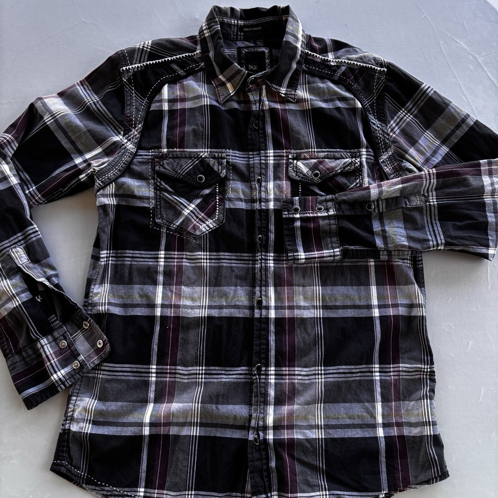 BKE Slim Fit Stretch‎ Plaid Snap Shirt Mens Medium Western Double-Stitched Yoke - Picture 2 of 13